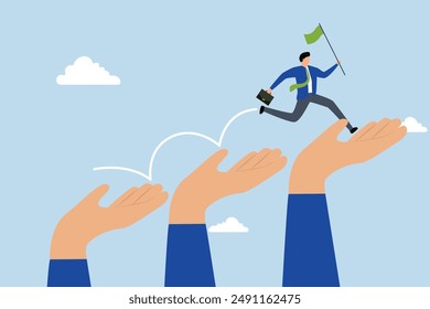 mentorship to assist employee to success, businessman jumps up growth ladder of giant hand to move towards goal.