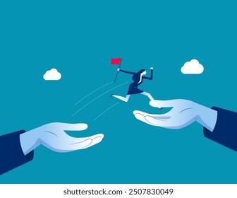 Mentorship to assist employee to success. Helping hand or encouragement for teammate to achieve business goal. Businessman jumping up hand growth ladder to progress target. Business support concept
