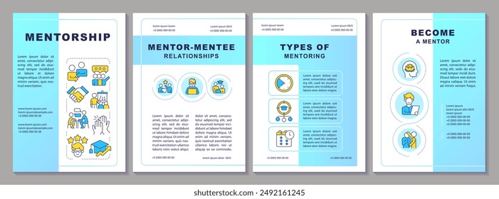 Plantilla de folleto azul de mentoría. Relación mentor-mentor. Diseño de folleto con iconos lineales. Editable 4 diseños de Vector para presentación, informes anuales