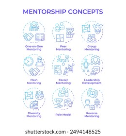 Mentorship blue gradient concept icons. Patronage and guidance. Role model. Supporting career growth. Professional development. Icon pack. Vector images. Round shape illustrations. Abstract idea