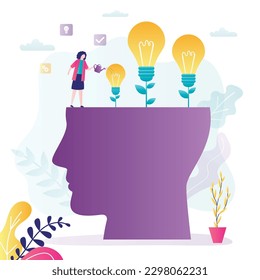 Mentorship, business leadership. Business coach or tutor watering new idea plants on huge head. Education, brainstorming, pitching ideas concept. Growing light bulbs from human brain. flat vector