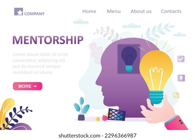 Mentorship, business leadership, landing page template. Hand of business coach or tutor inserts an idea light bulb into student head. Education, brainstorming, pitching ideas concept. flat vector