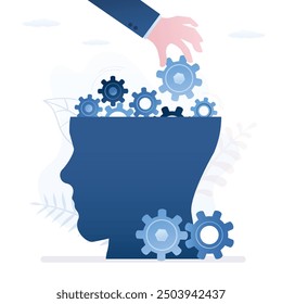 Mentorship, coach hand insert gear in head. Mind process and cognitive information in human head. Intelligence and knowledge development, brain performance. Gears and technical wheels as thoughts.