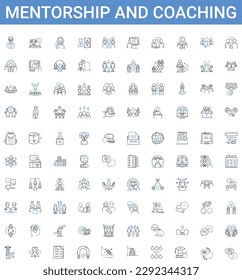 Mentorship and coaching outline icons collection. Mentorship, Coaching, Guidance, Development, Support, Training, Education vector illustration set. Advice, Encouragement, Relationship line signs