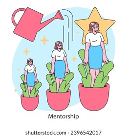 Mentorship concept. Nurturing potential as a mentor waters growth, with a protege reaching a star of achievement. Cultivating success through guidance. Flat vector illustration.