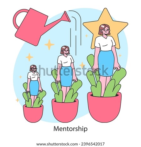 Mentorship concept. Nurturing potential as a mentor waters growth, with a protege reaching a star of achievement. Cultivating success through guidance. Flat vector illustration.