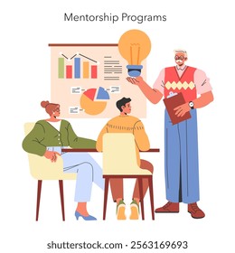 Mentorship concept. Senior mentor shares knowledge with young professionals using visual aids and hands-on guidance. Nurturing growth and success. Vector illustration.