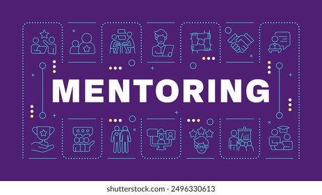 Mentorship dark purple word concept. Professional support. Skill development. Guidance and patronage. Horizontal vector image. Headline text surrounded by editable outline icons