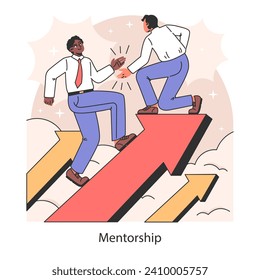 Mentorship. Guiding steps towards professional peaks with experienced leadership. Co-worker sharing wisdom on the ascent to success. Flat vector illustration.