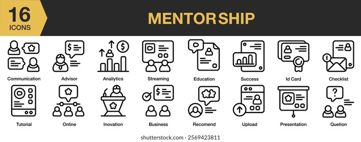 Mentorship icon set. Includes mentorship, support, business, mentor, training, and More. Outline icons vector collection.