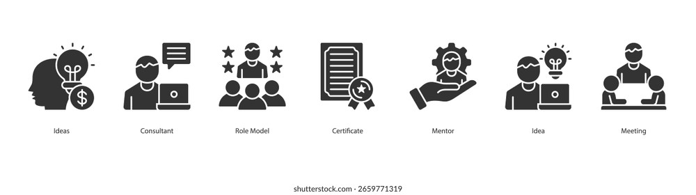Ícone de mentoria definir ideias vetoriais, consultor, modelo de papel, certificado, mentor, ideia, reunião