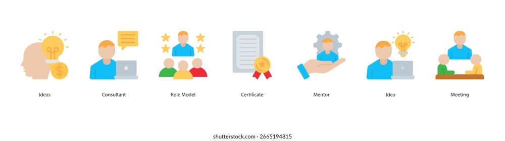 Mentorship icon set vector ideas, consultant, role model, certificate, mentor, idea, meeting