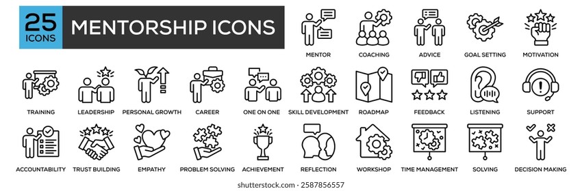 Mentorship Icons icon collection set. Containing design Mentor, Coaching, Advice, Goal Setting, Motivation