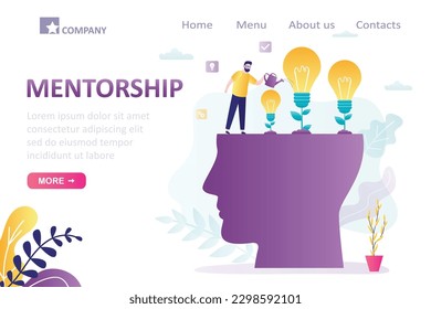 Mentorship, landing page template. Business coach or tutor watering new idea plants on huge head. Education, brainstorming, pitching ideas concept. Growing light bulbs from human brain. flat vector