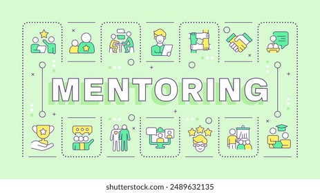 Mentorship light green word concept. Professional support. Guidance and patronage. Typography banner. Vector illustration with title text, editable icons color