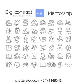 Mentorship linear icons set. Professional development. Personal growth. Mentoring programs. Coaching. Customizable thin line symbols. Isolated vector outline illustrations. Editable stroke