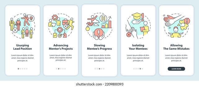 Mentorship malpractices onboarding mobile app screen. Isolating mentee walkthrough 5 steps editable graphic instructions with linear concepts. UI, UX, GUI template. Myriad Pro-Bold, Regular fonts used