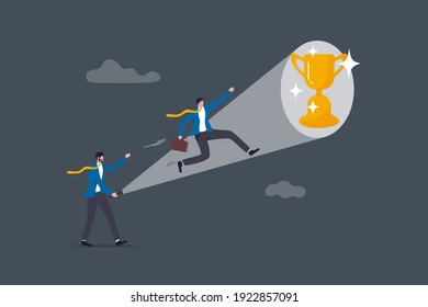 Mentorship Or Manager Support Employee Finding Career Success, Help And Guide To Discover Potential And Reach Achievement Concept, Boss Using Flashlight To Light Path Help Reaching Success Trophy.