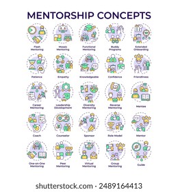 Mentorship multi color concept icons. Coaching and guidance. Role model. Patronage. Professional development of mentee. Icon pack. Vector images. Round shape illustrations. Abstract idea