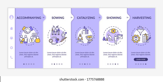 Mentorship process onboarding vector template. Accompanying student. Professional trainer to help at work. Responsive mobile website with icons. Webpage walkthrough step screens. RGB color concept