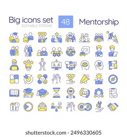 Mentorship RGB color icons set. Professional development. Personal growth. Mentoring programs. Isolated vector illustrations. Simple filled line drawings collection. Editable stroke