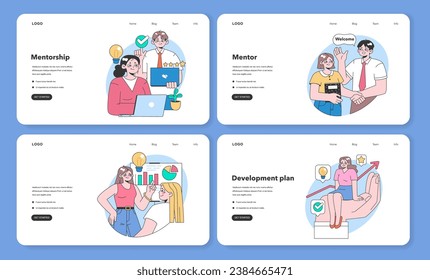 Mentorship set. Guided learning journeys, seasoned experts sharing insights. Mutual growth, collaboration in business. Building skills, paving success paths. Welcoming newcomers. vector illustration