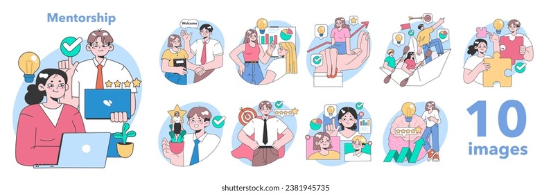 Mentorship set. Professionals guiding newcomers. Achieving goals, sharing knowledge, building teamwork. Growth collaboration skill development. Flat vector illustration.