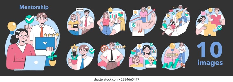 Mentorship set. Professionals guiding newcomers. Achieving goals, sharing knowledge, building teamwork. Growth, collaboration, skill development. Flat vector illustration.