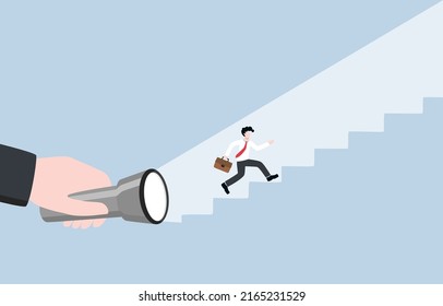 Mentorship to support employee career advancement, guidance for achievement, encouragement at work concept. Boss turning on flashlight to create staircase of success for employee.