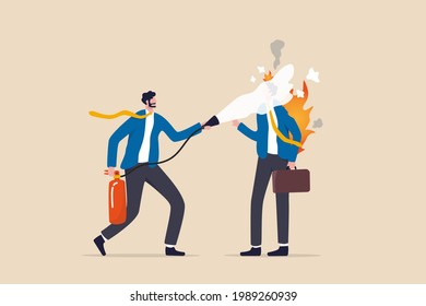 Mentorship or support to help employee burnout, fatigue or overworked, people management or brain cool down to reduce anxiety concept, businessman put fire extinguisher on his burnout colleague.