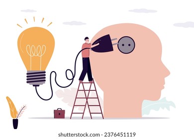 Mentorship, support with pitching ideas. Smart businessman stand on ladder to plugin creative light bulb into brain head, creativity thinking, brainstorm for solution, imagination to create new idea.