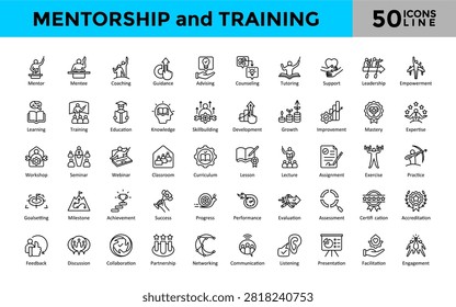 Mentorship and Training icons set with mentor, mentee, coaching, guidance, advising, counseling, tutoring, support, leadership, empowerment icon. Simple line icon vector collection
