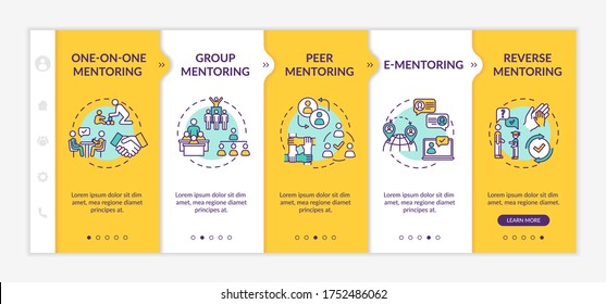 Mentorship types onboarding vector template. Education system. Learning in group. One on one mentoring. Responsive mobile website with icons. Webpage walkthrough step screens. RGB color concept