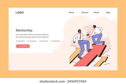 Mentorship web or landing. Guiding steps towards professional peaks with experienced leadership. Co-worker sharing wisdom on the ascent to success. Flat vector illustration.