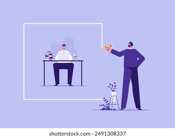 Mentorship in workplace concept, scope of work, guidance for employee to work within framework, manager drawing boundary line around businessman on office desk