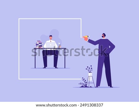 Mentorship in workplace concept, scope of work, guidance for employee to work within framework, manager drawing boundary line around businessman on office desk