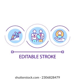 Mentorship in workplace loop concept icon. Training and support for employees. Business abstract idea thin line illustration. Isolated outline drawing. Editable stroke. Arial font used