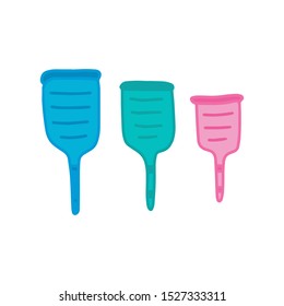 Mentrual cups hand drawn vector illustration in cartoon comis style big medium small blue green pink elements