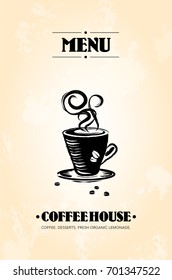 Menu of abstract coffee house with cup of coffee on grunge background - vector illustration