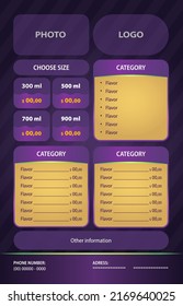 Menu for acai or vitamins. Menu for drinks. Price table for cafeteria, restaurant and similar. Menu with purple background and yellow details.