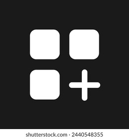 Menu with add option pixel dark mode glyph ui icon. Website functions. User interface design. White silhouette symbol on black space. Solid pictogram for web, mobile. Vector isolated illustration