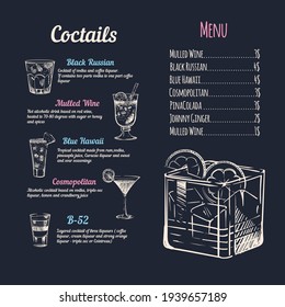 Menu of alcoholic cocktails in white chalk