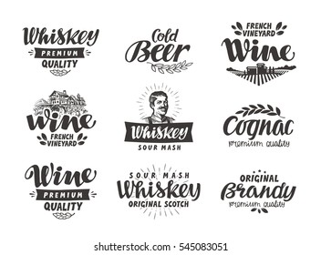 Menu, alcoholic drinks. Vector labels wine, beer, whiskey, brandy, cognac