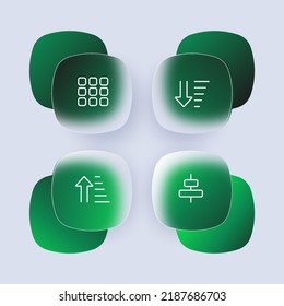 Menu of apps set icon. Squares, tiles, pictogram, arrows, order, alignment, applications, programs, settings, view. Technology concept. Glassmorphism. Vector line icon for Business and Advertising.
