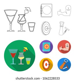 Menu, arm with tattoo, darts, corkscrew and opener. Pub set collection icons in outline,flat style vector symbol stock illustration web.