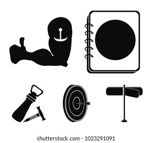 Menu, armor with tattoo, darts, corkscrew and opener.Pub set collection icons in black style vector symbol stock illustration web.