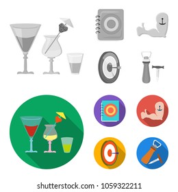 Menu, armor with tattoo, darts, corkscrew and opener.Pub set collection icons in monochrome,flat style vector symbol stock illustration web.