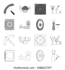 Menu, armor with tattoo, darts, corkscrew and opener.Pub set collection icons in outline,monochrome style vector symbol stock illustration web.