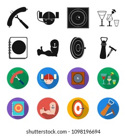 Menu, armor with tattoo, darts, corkscrew and opener.Pub set collection icons in black,flet style vector symbol stock illustration web.