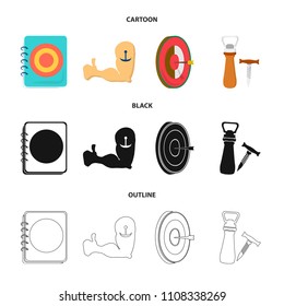 Menu, armor with tattoo, darts, corkscrew and opener.Pub set collection icons in cartoon,black,outline style vector symbol stock illustration web.